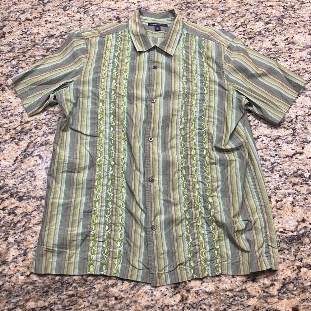 Banana Republic Mens Medium Green Striped Embroidered Short‎ Sleeve Button Down